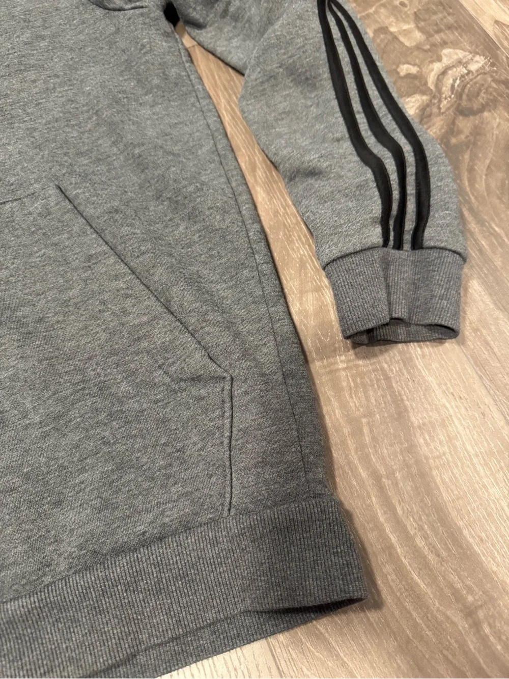 adidas Gray Zip-Up Hoodie with Black Three-Stripes Men’s Large